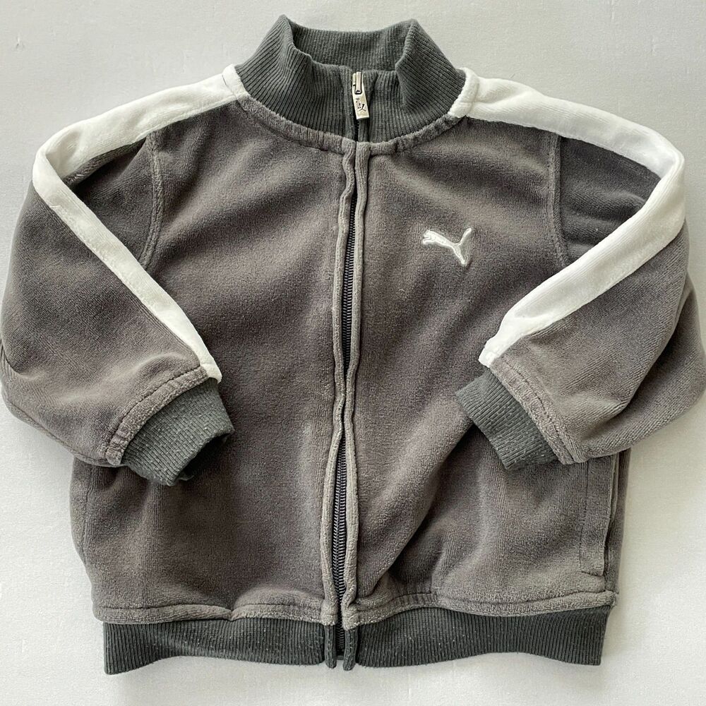 ~ Kids Puma 18m Velour Gray Jacket Full Zip Grey Soft Baby Toddler 18 mo White